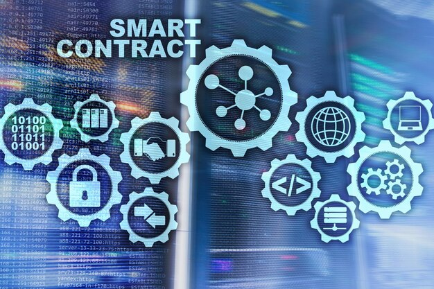 Contrato inteligente en el fondo de la sala de servidores moderna Tecnología empresarial