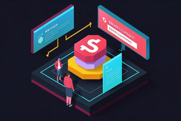 El contrato inteligente isométrico 3D en el centro de la tecnología blockchain