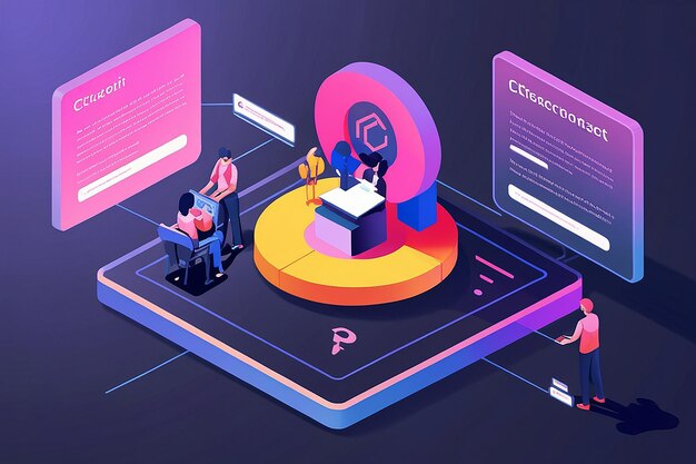 El contrato inteligente isométrico 3D en el centro de la tecnología blockchain