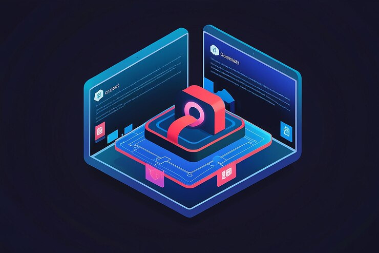 Foto el contrato inteligente isométrico 3d en el centro de la tecnología blockchain