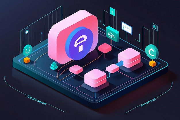 El contrato inteligente isométrico 3D en el centro de la tecnología blockchain