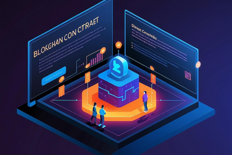 Foto el contrato inteligente isométrico 3d en el centro de la tecnología blockchain