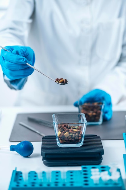 Control de calidad de alimentos para mascotas Medición de croquetas secas de alimentos para mascotas en escala digital