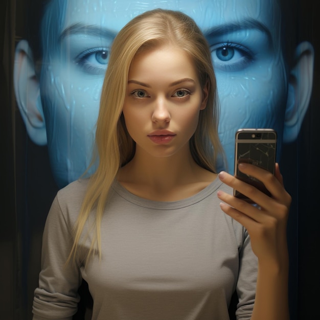 El control hipnótico revela la 'Ayuda' subliminal en un retrato de selfie hiperrealista de una mujer