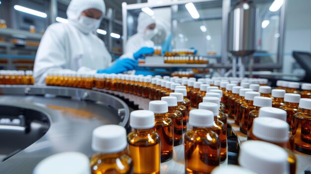 Control del personal Viales médicos en la línea de producción de la fábrica farmacéutica Máquina farmacéutica que trabaja línea de fabricación de botellas de vidrio farmacéutica