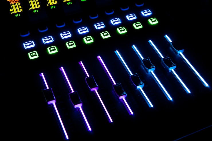 Foto control de sonido con retroiluminación led, equipo de sonido.