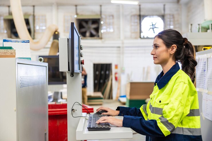 Foto el control del trabajo de las trabajadoras opera la fresadora de madera cnc en el personal técnico del taller de muebles de madera mujeres que trabajan con máquinas industriales modernas