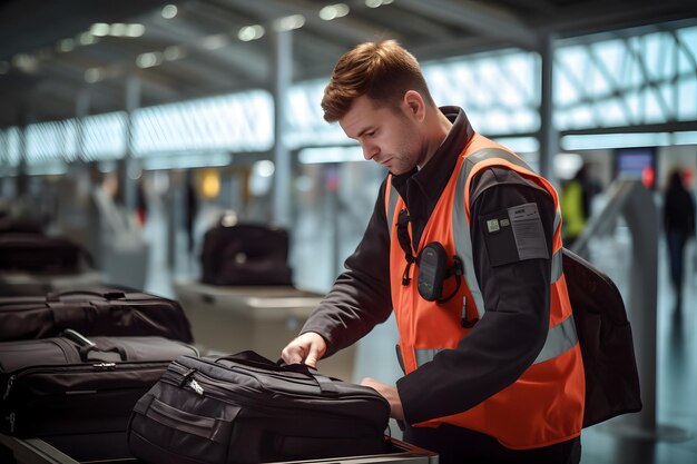 El controlador del aeropuerto revisa el equipaje.