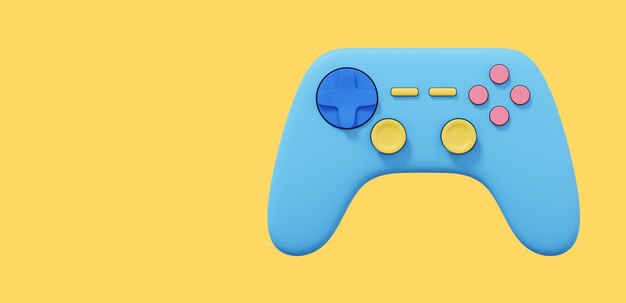 Foto controlador de jogo de console realista ícone multicolorido em fundo amarelo com espaço para renderização em 3d de texto