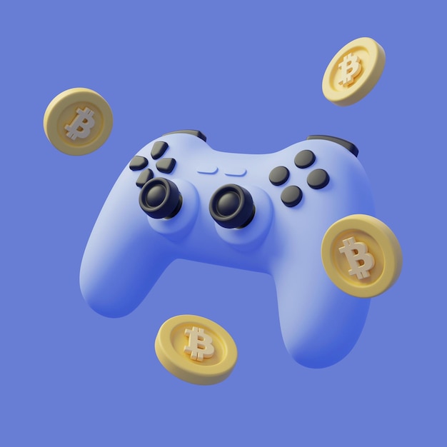 Foto controlador de joystick de gamepad 3d com bitcoins flutuantes em fundo pastel roxo