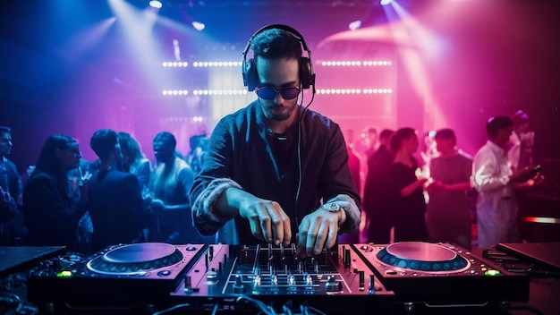 Controlador de música DJ mixer em uma boate em uma festa
