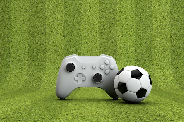 Controlador de videogame de fundo de jogos de futebol com uma bola de  futebol tradicional e campo de grama