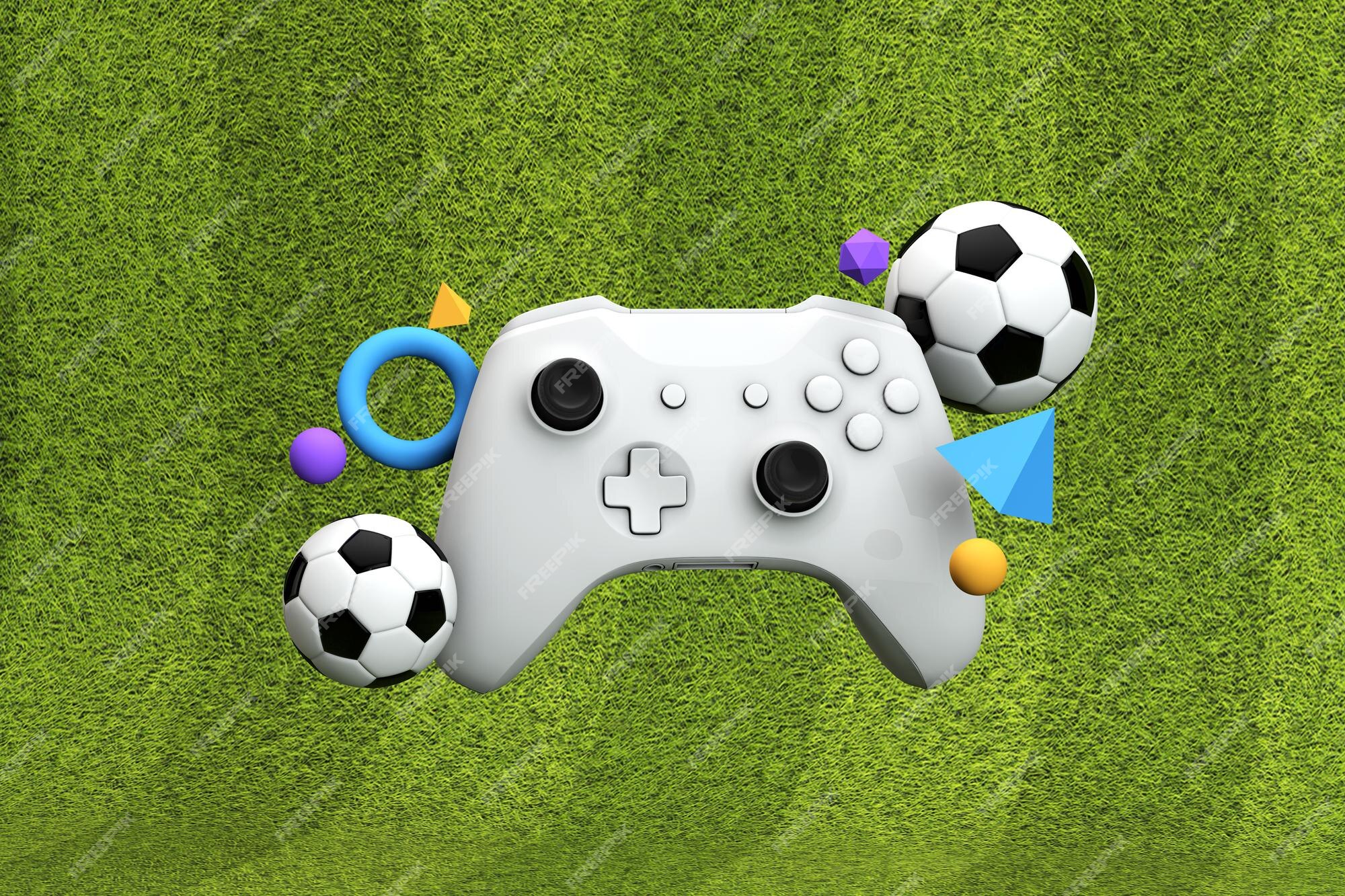 Controlador de videogame de fundo de jogos de futebol com uma bola de  futebol tradicional e campo de grama