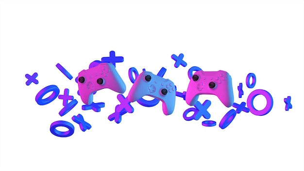 Controlador de videogame e formas abstratas com conceito de jogo de iluminação estilizado neon d renderização