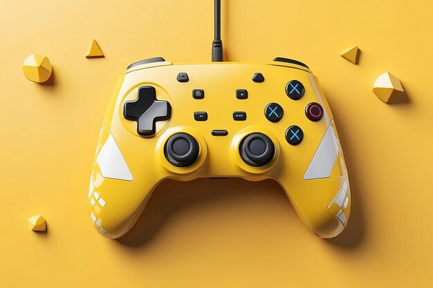 Controlador de juego estándar blanco joystick gamepad en un fondo amarillo con formas geométricas abstractas renderización 3D