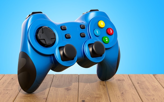 Controlador de juego en la mesa de madera renderizado 3D