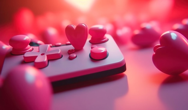 Un controlador de juego rosa y negro con un corazón en la parte superior.