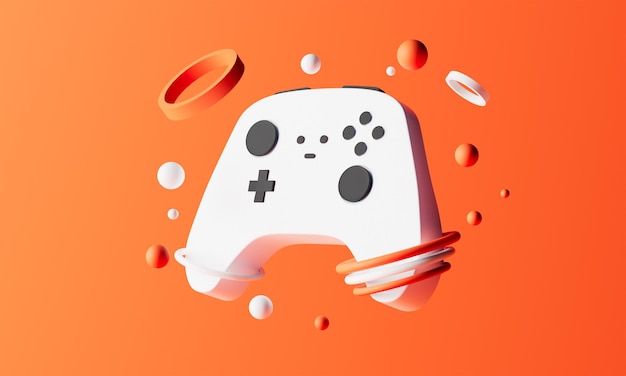 Controlador de juegos 3D estándar blanco, joystick, gamepad sobre un fondo naranja con formas geométricas abstractas. Representación 3D.