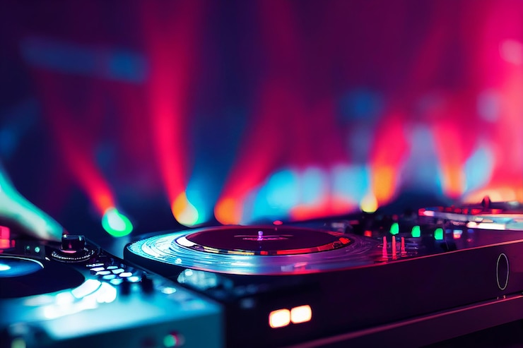 Foto controlador de mezclador de audio dj para mezclar música electrónica en una fiesta de club nocturno selective focus 2d illustration