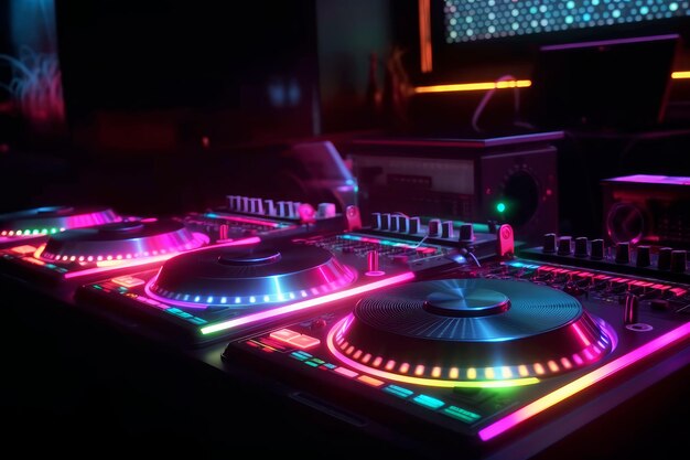 Controlador mezclador de audio DJ de música electrónica en una discoteca Creado con tecnología Generativa AI