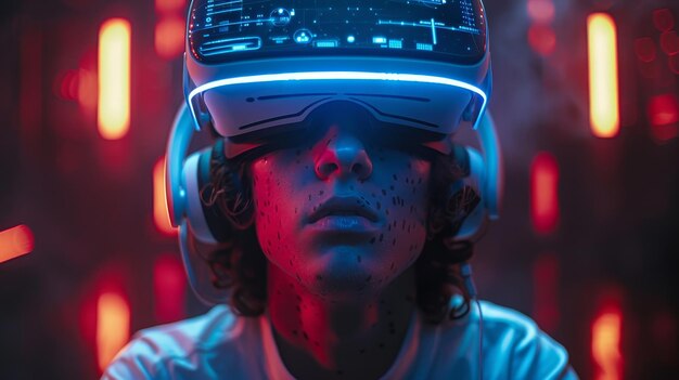 Un controlador de realidad virtual de videojuegos es sostenido por encima de la cabeza por un jugador de videojuego de realidad virtual en el ciberespacio del metaverso.