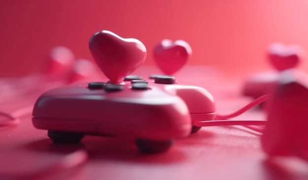 Un controlador rosa con un corazón está sobre un fondo rojo.