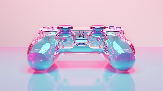 Foto un controlador de videojuego azul y rosa translúcido descansa sobre una superficie reflectante