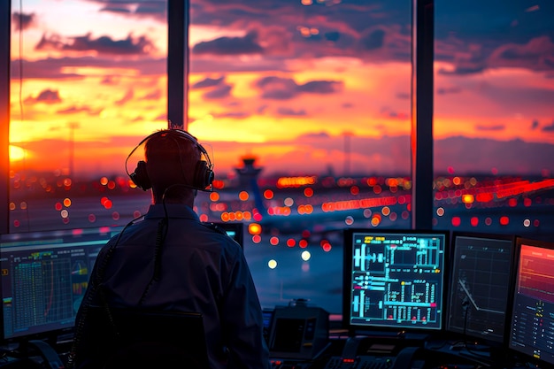 Los controladores de tráfico aéreo gestionan las salidas y llegadas con pantallas de navegación y vistas panorámicas