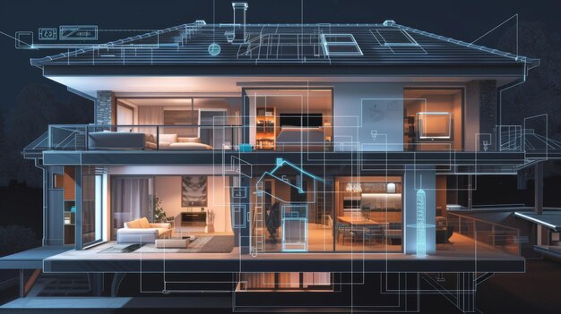 Controle bloqueia as portas e janelas através da internet com aplicativos de smartphone Sistema de proteção doméstica sem fio Plano de casa 3D x-ray