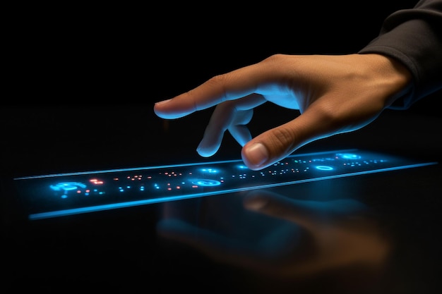 Foto controles de dedos brilhantes mesa de tecnologia de vida noturna moderna