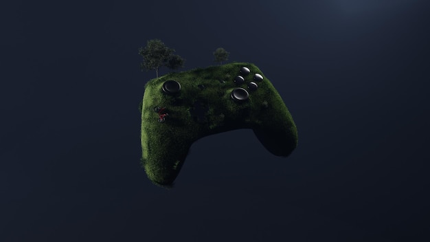 Controller mit Grasfahrrad und Bäumen 3D-Renderhintergrund