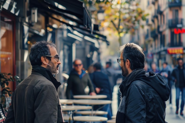 Conversa casual ao ar livre com câmara de CCTV em Madrid