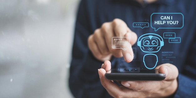 Conversación con chatbot Persona que utiliza el servicio al cliente en línea con chatbot para obtener apoyo Artificial