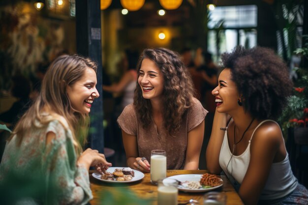 Conversaciones de café y camaradas Un cautivador encuentro en el café entre tres encantadoras hembras