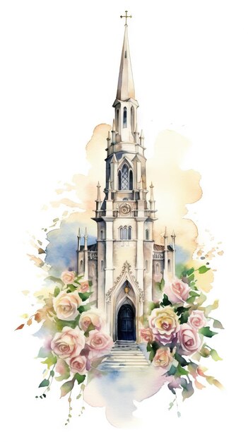 Foto convidado de casamento a aquarela com decoração de capela e rosas ai gerativa