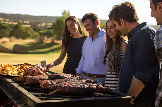 Convidados admirando um belo monte de asado argentino grelhado