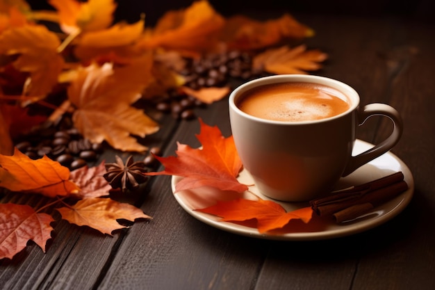 Convidando ao calor em um ambiente fresco de outono Café e folhas caídas em uma mesa de madeira rústica