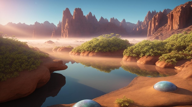 Una convincente escena renderizada de un río con rocas y árboles AI generativo