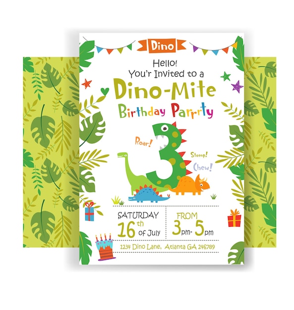 Convite de aniversário de férias para festa de aniversário de Dino três anos com dinossauros engraçados de desenho animado