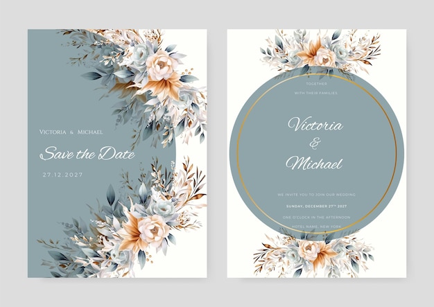Convite de casamento com Save the Date RSVP Cartão de agradecimento Modelo de convite de casamento vintage com flor