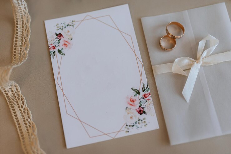 Foto convite de casamento em um envelope cinza sobre uma mesa