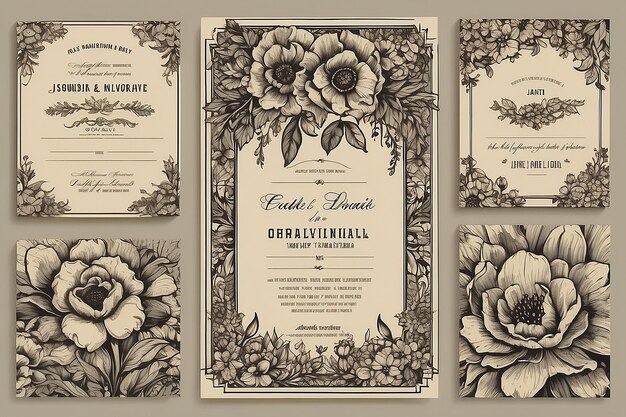 Convite de casamento Flores Poster Tipografia vintage Conjunto de ilustrações vetoriais Gravura a lápis Estilo Arte de capa T-shirt impresso banner