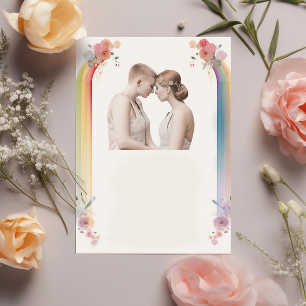 Foto convite de casamento genrative ai com dois arco-íris caindo nas laterais