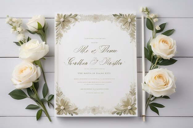 Convite de casamento ou convite para chá de panela moldura de madeira branca decorada com flores espaço em branco para um texto
