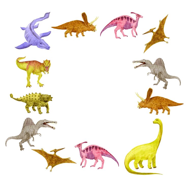 Convite de dinossauros em branco. Tiranossauro aquarela, Spinosaurus, Pteranodon, Ankylosaurus, Mosasaurus. Aquarela