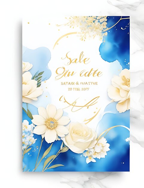 Foto convite floral celestial dourado e azul
