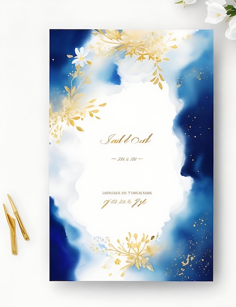 Foto convite floral celestial dourado e azul