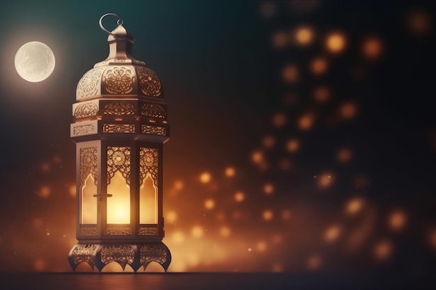 Convite Ramadan Kareem com lanterna árabe e vela para brilho noturno quente