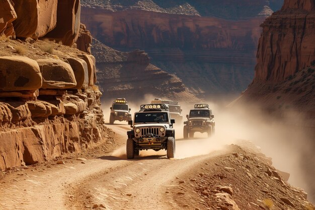 Convoy de jeeps conduciendo en un despejado paso de montaña