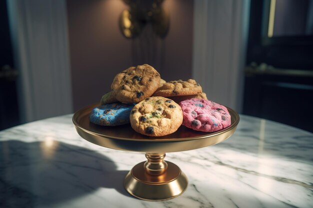 Coockies auf einer goldenen Platte auf einem Marmortisch